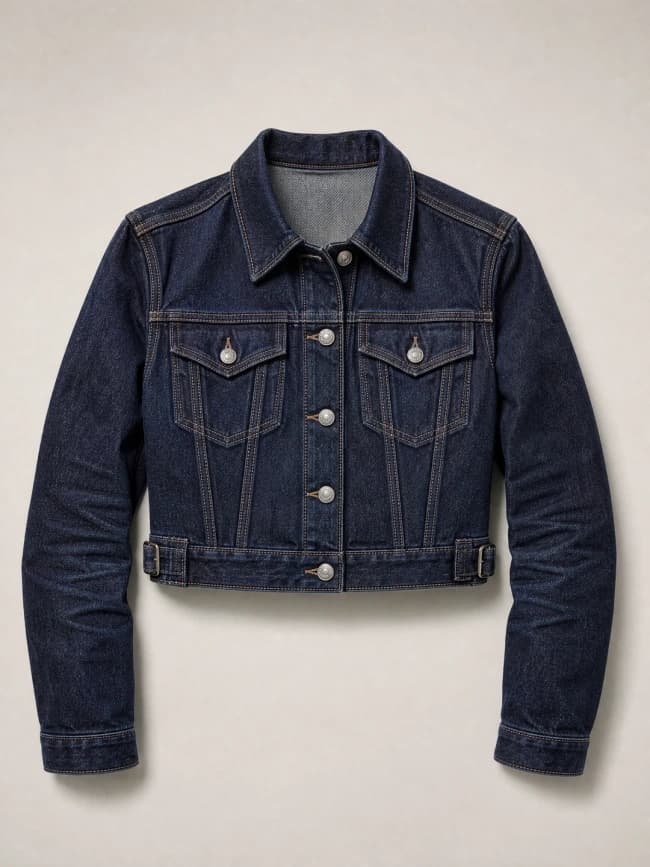 Dark indigo denim trucker jacket reference, contrast stitching, chest pockets and metal hardware