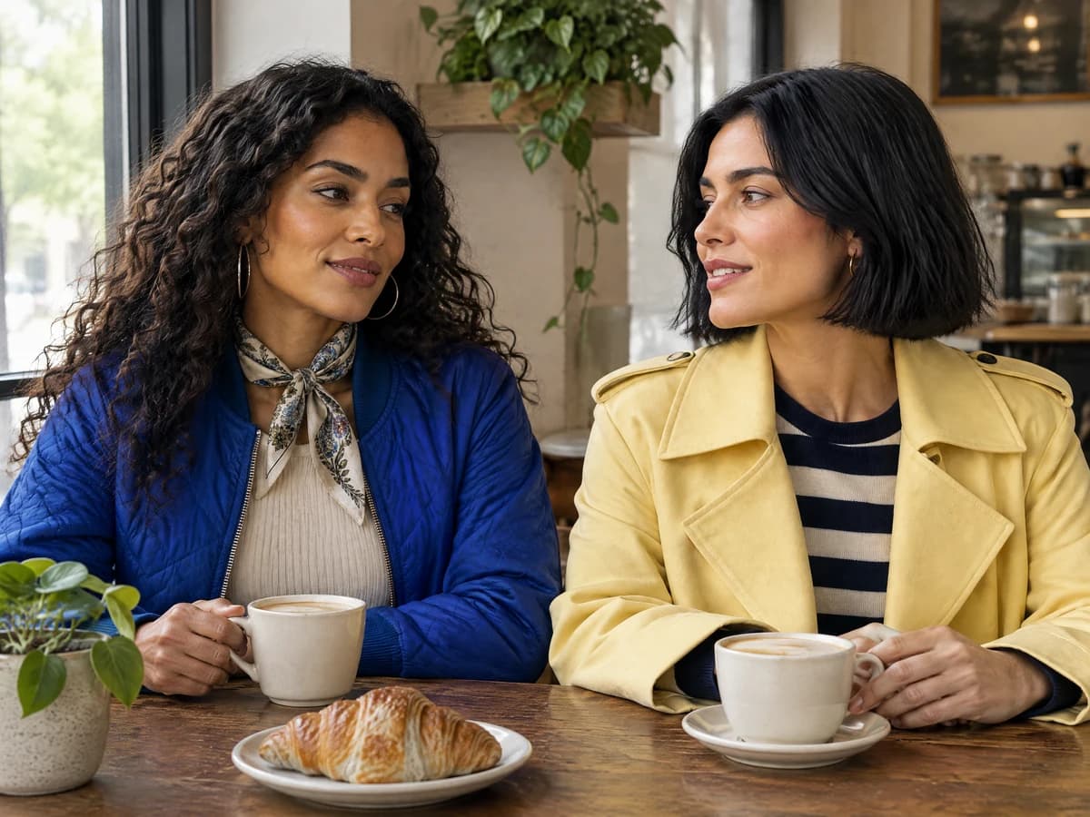 Friends Together: a café conversation: the curly-haired adult A is on the left and the bob-haired adult B is on the right in one shared scene