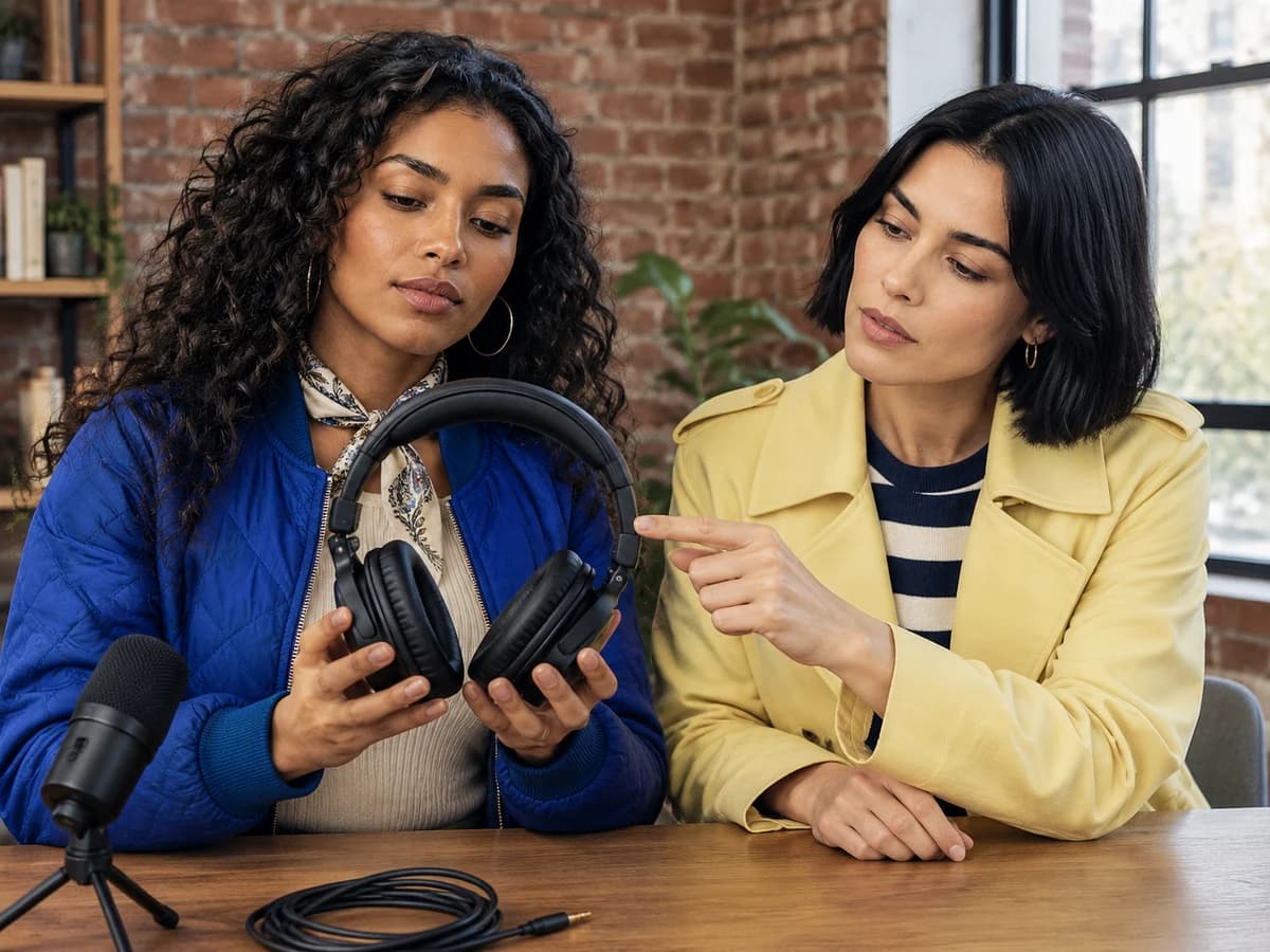 Two-Person Product Shoot: a headphone demonstration: the curly-haired adult A is on the left and the bob-haired adult B is on the right in one shared scene