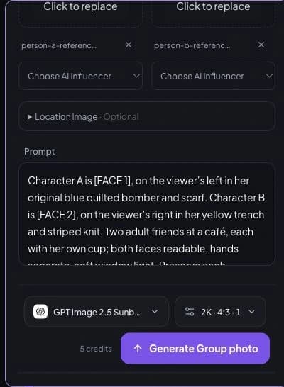 Actual Group Photo form crop showing two uploaded reference filenames, saved-influencer selectors, optional location, editable Prompt, model and settings controls and an enabled Generate Group photo button