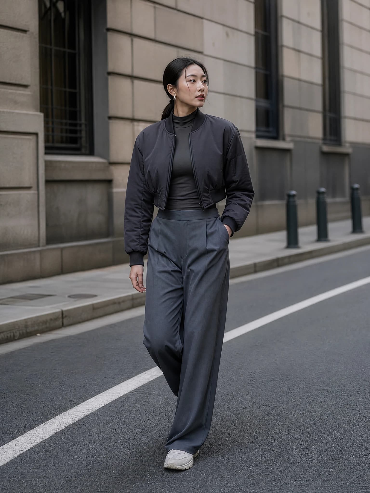 Fictional adult streetwear creator in a downtown outfit