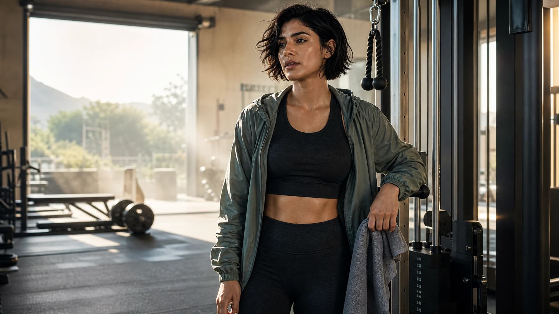 Fictional adult fitness creator training in a gym