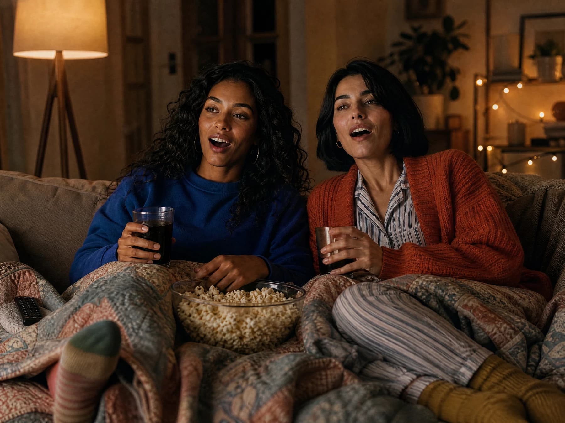 Two fictional adult friends sharing popcorn during a cozy movie night.