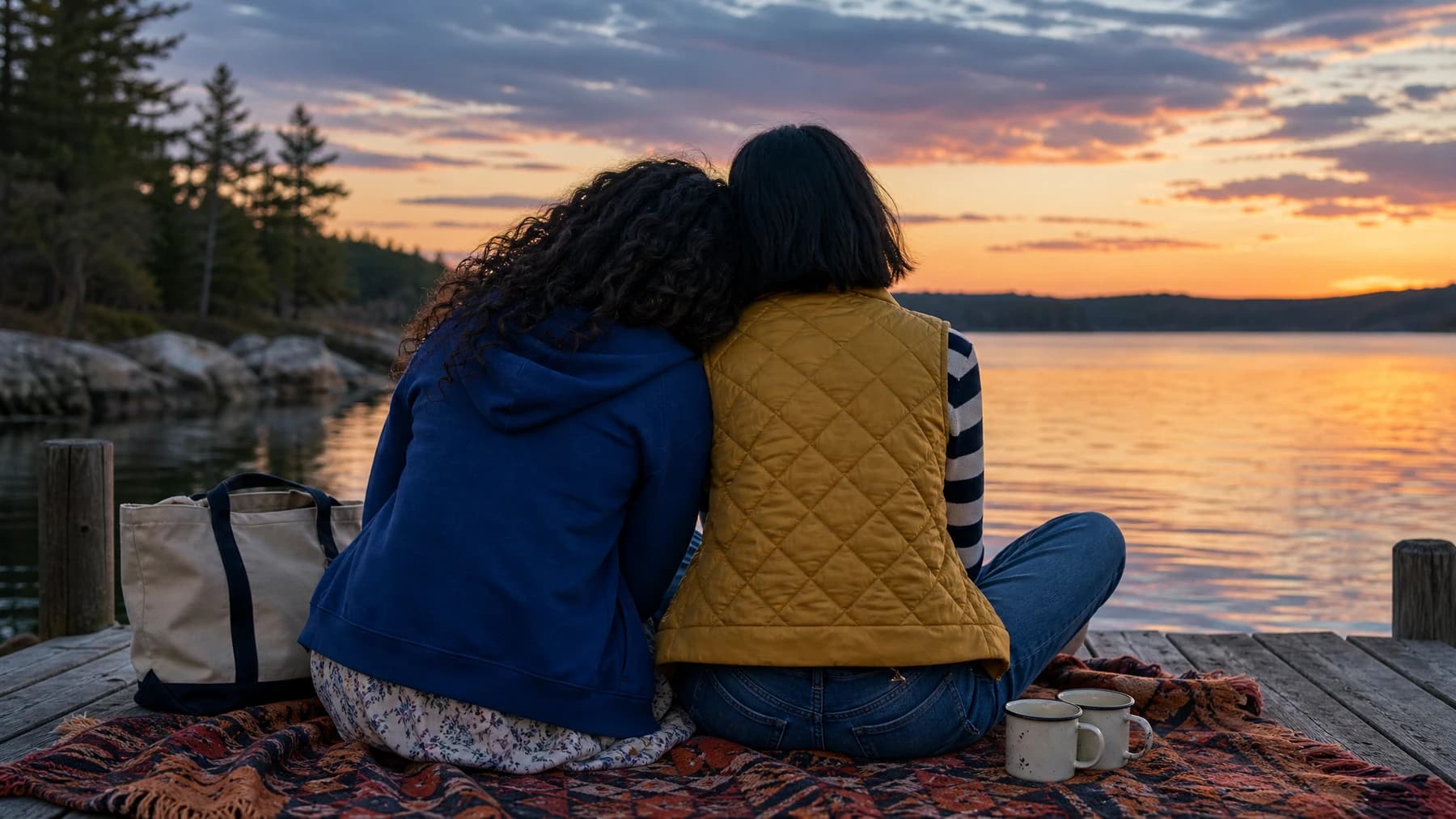 Two fictional adult travel friends seen from behind at a vivid lakeside sunset.