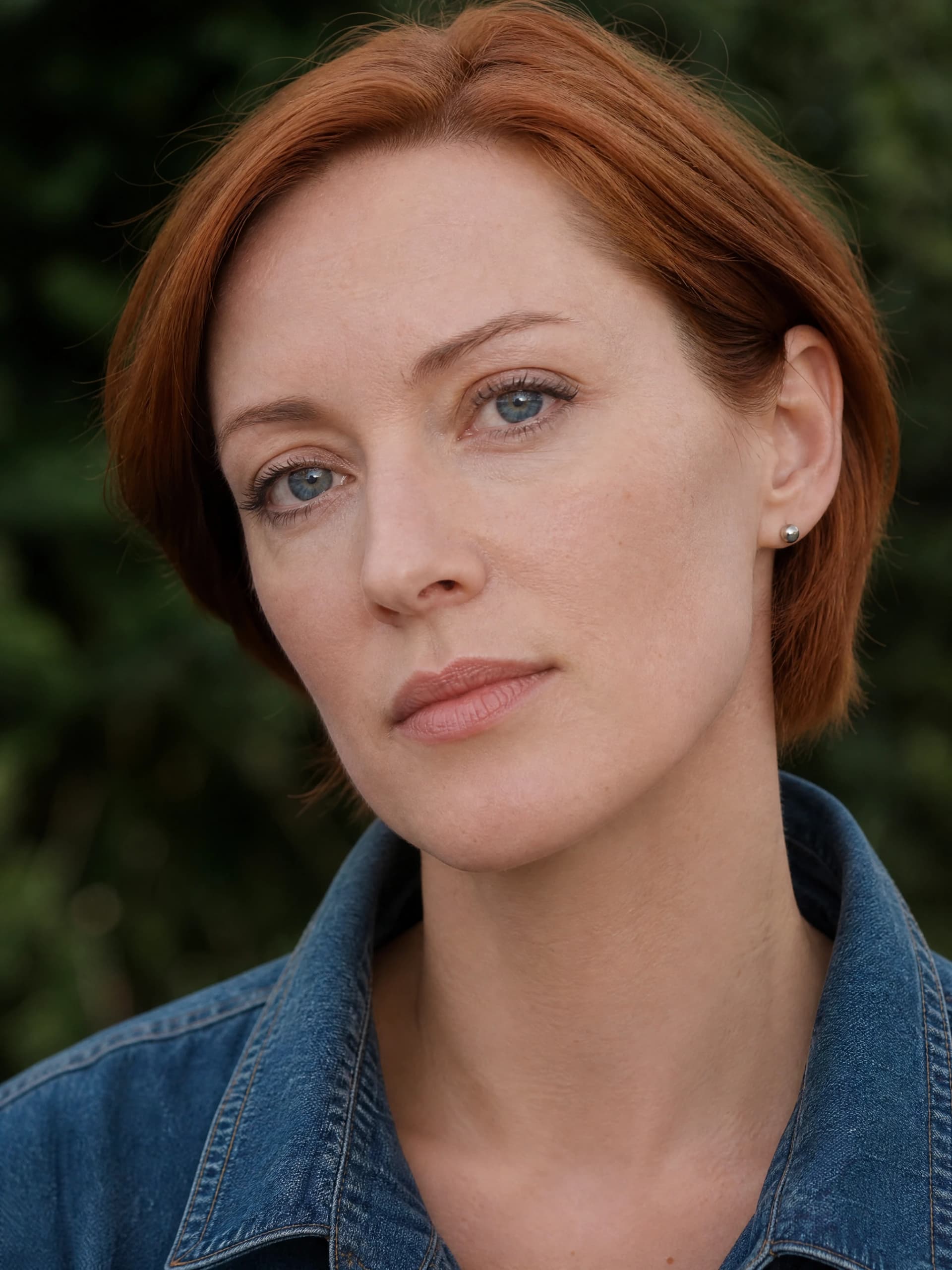 Fictional freckled adult in a close-up portrait, before skin texture editing