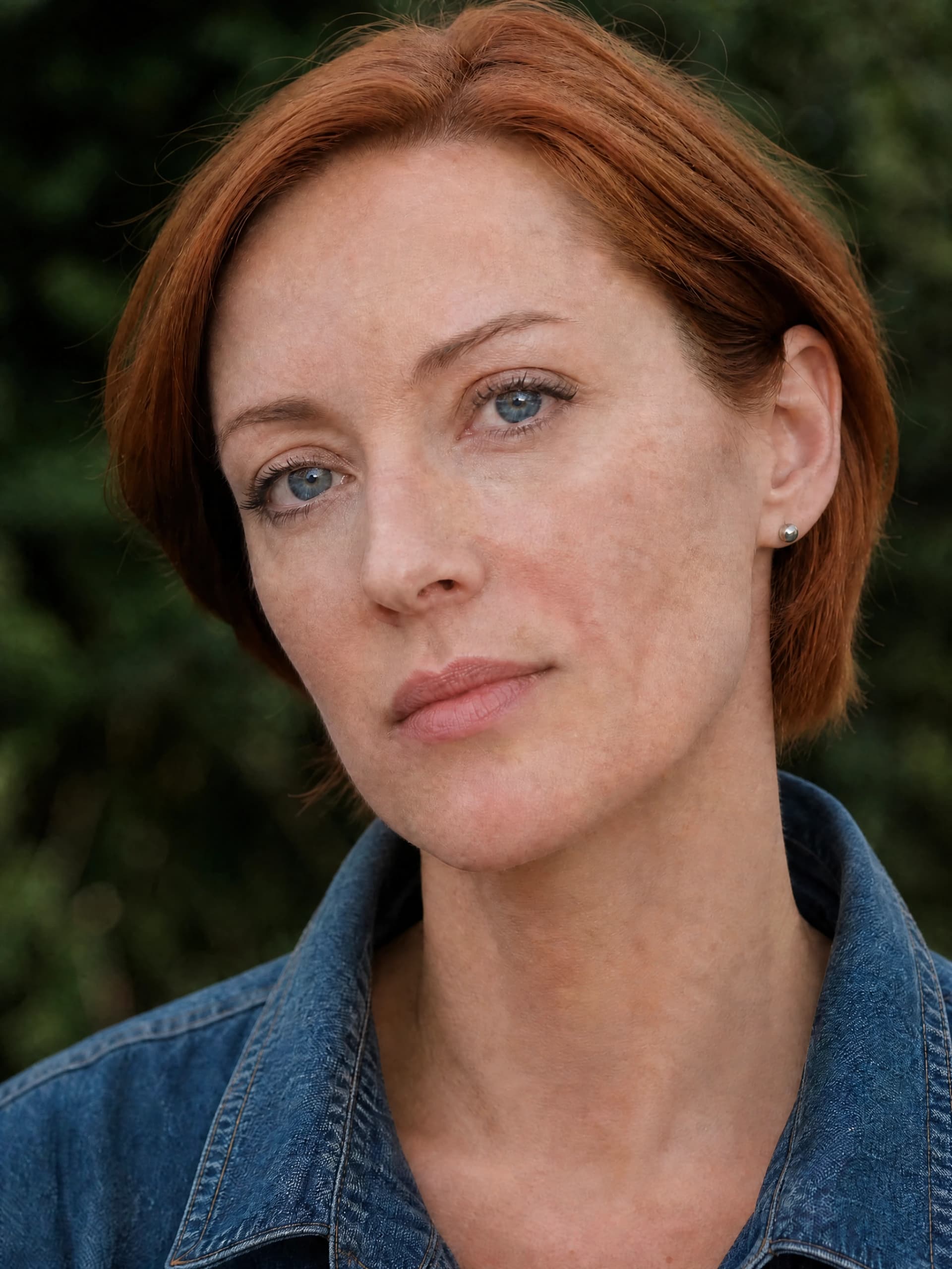 Fictional freckled adult in a close-up portrait, actual skin texture editing result