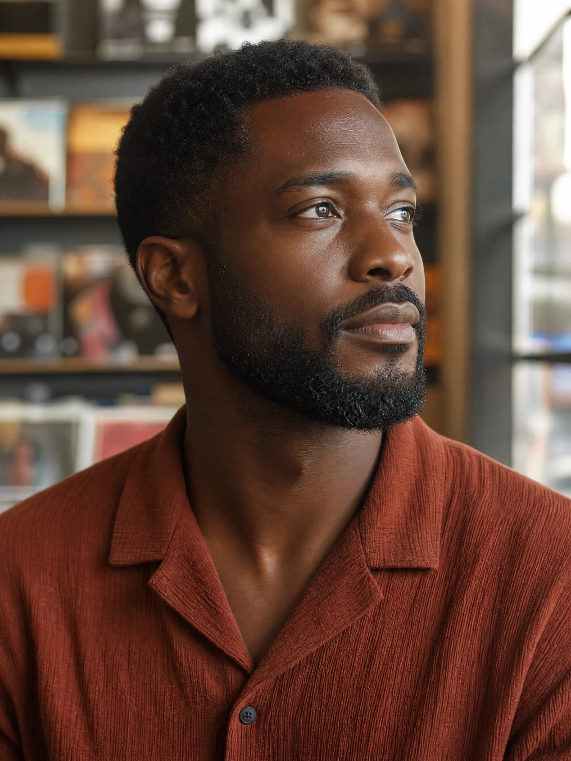 Fictional adult man with deep brown skin in daylight, before skin texture editing
