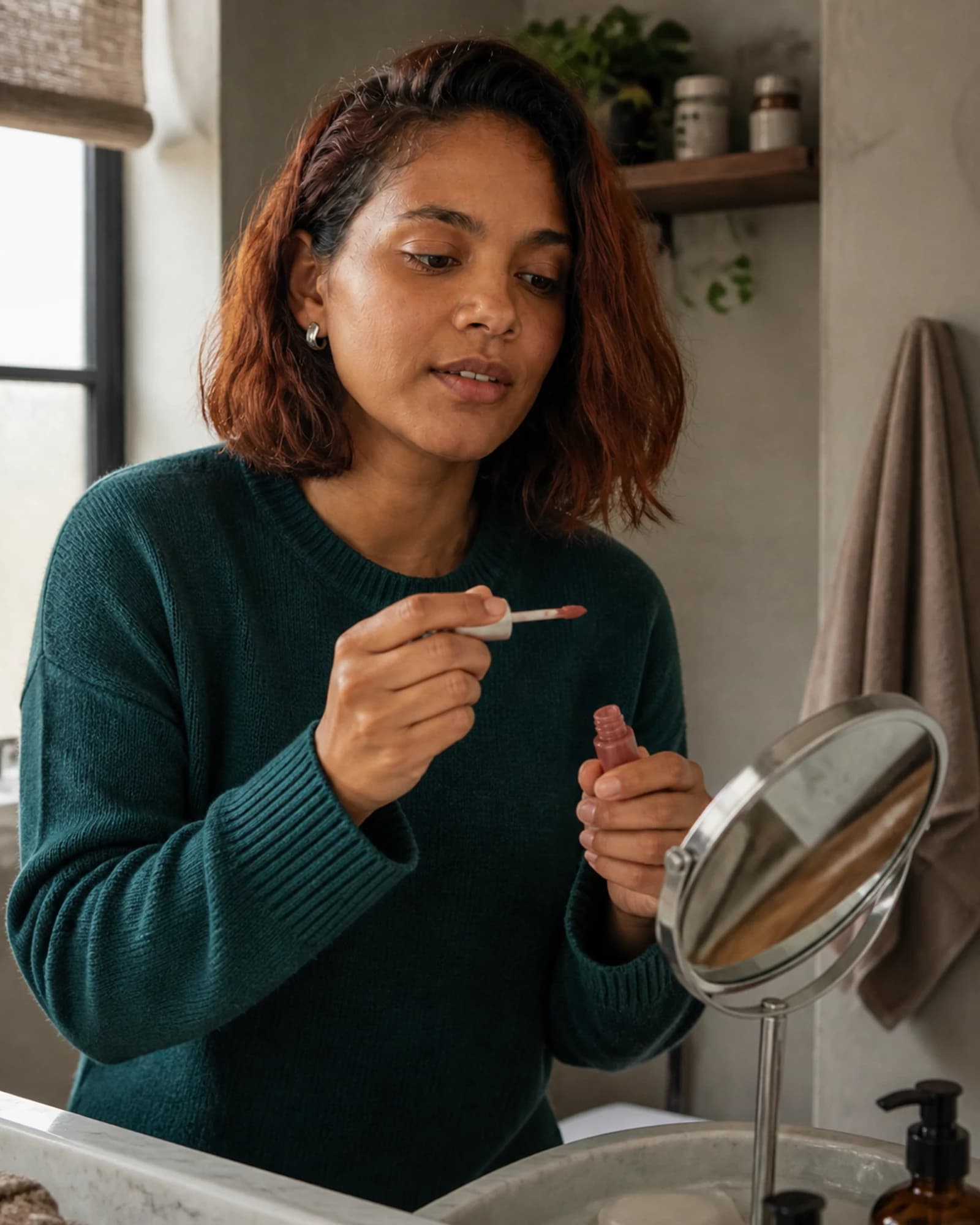 Fictional adult creator opening an unbranded lip color at a bathroom mirror
