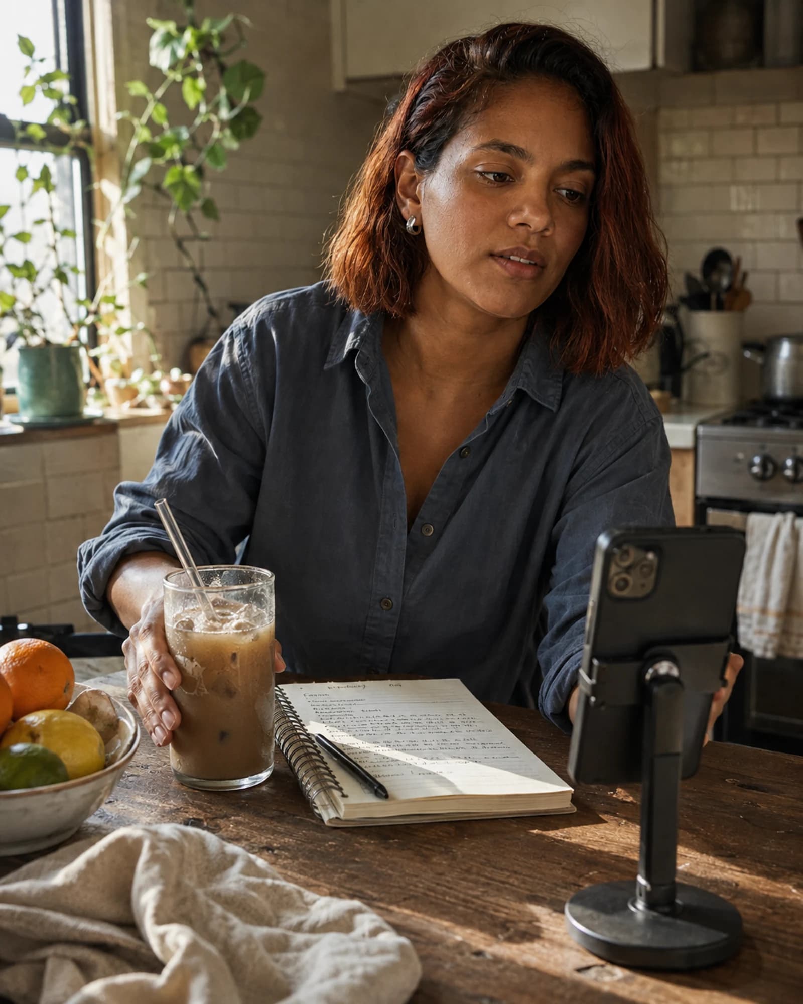 Fictional adult lifestyle creator preparing an iced coffee and a morning shot list