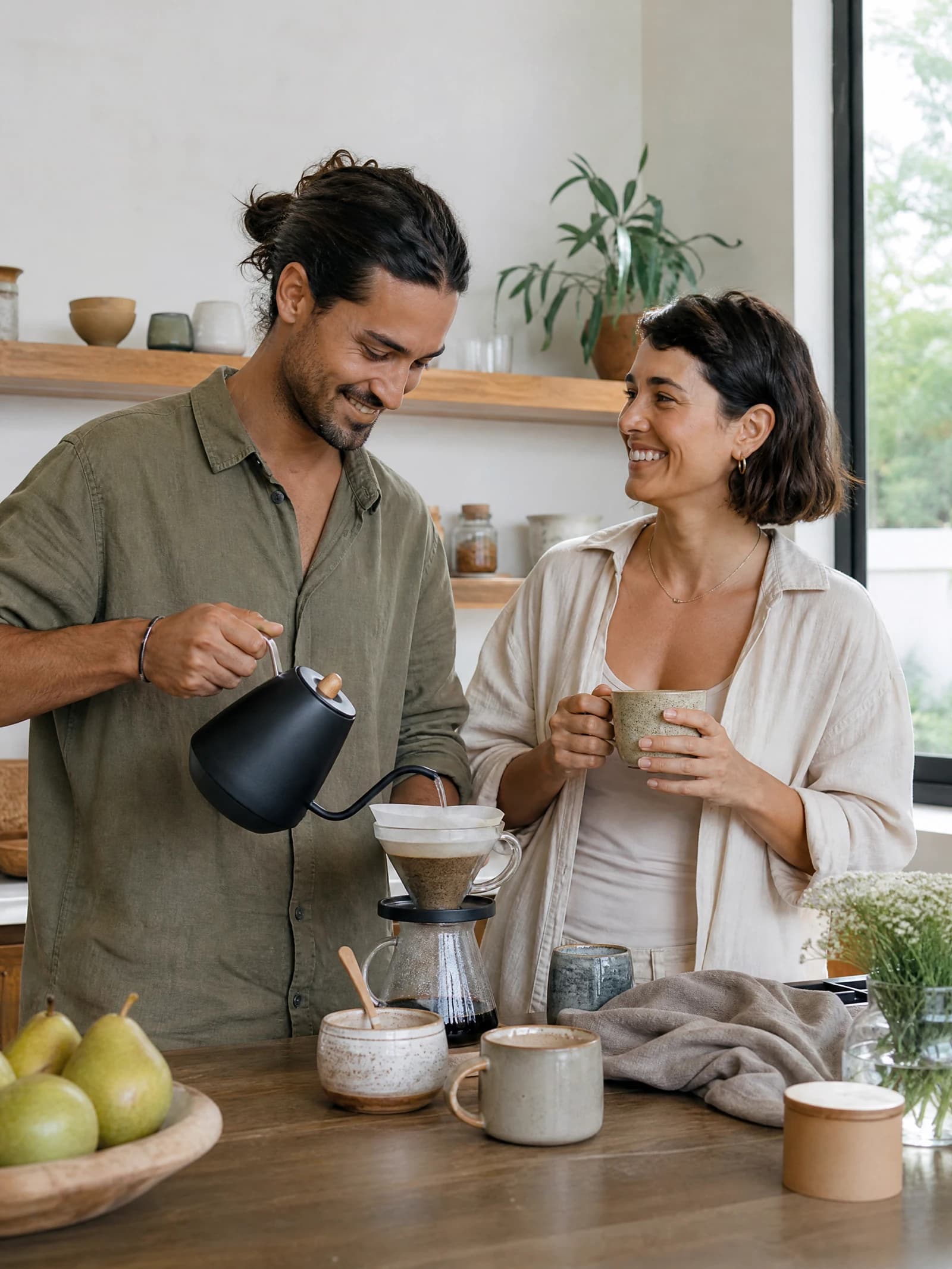 Fictional adult creator in a warm kitchen lifestyle scene