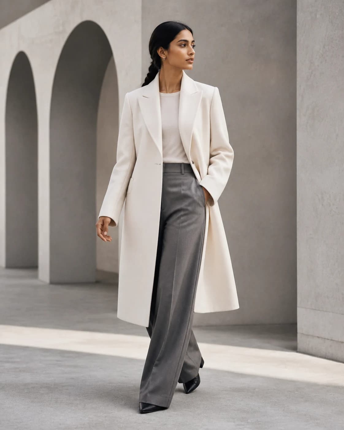 Fictional adult South Asian fashion model wearing an original ivory coat in a concrete editorial setting.