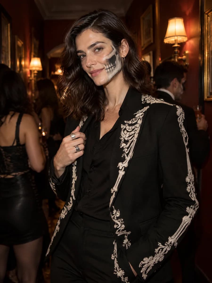 The same fictional adult in a skeleton costume, look 3 of three