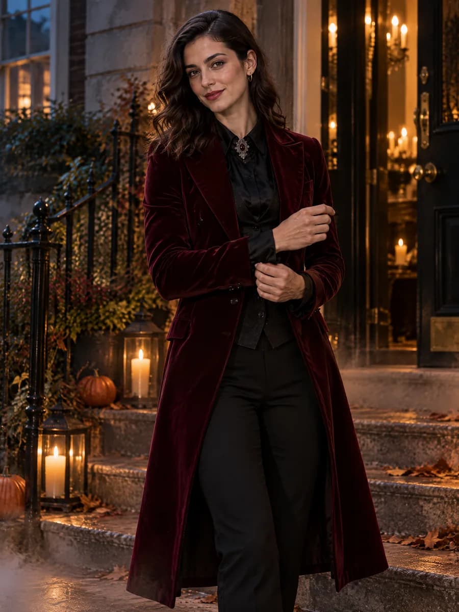 Original adult AI influencer transformed into a burgundy velvet vampire look
