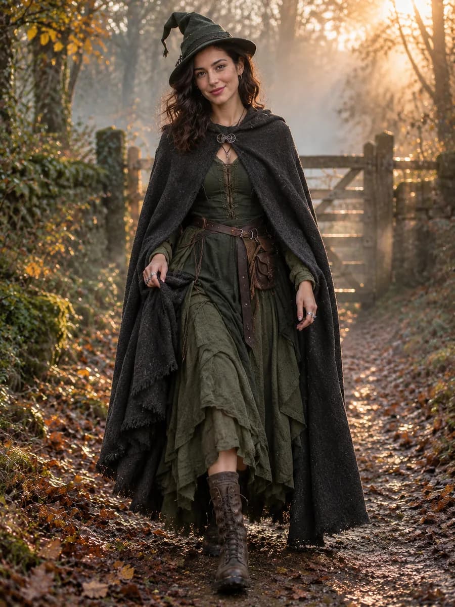 The same fictional adult in a witch costume, look 2 of three