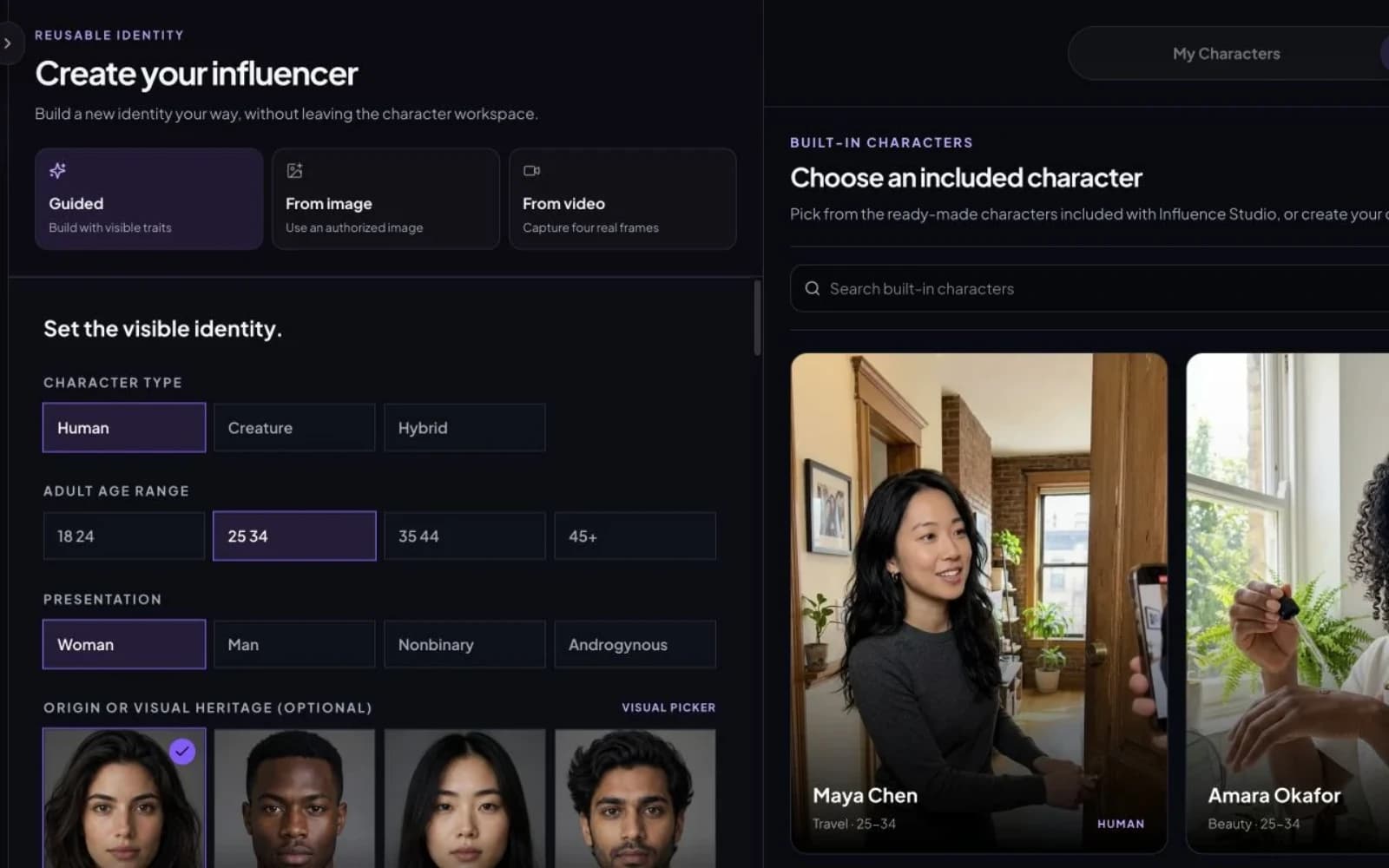 Actual character builder with Guided, From image, and From video creation options