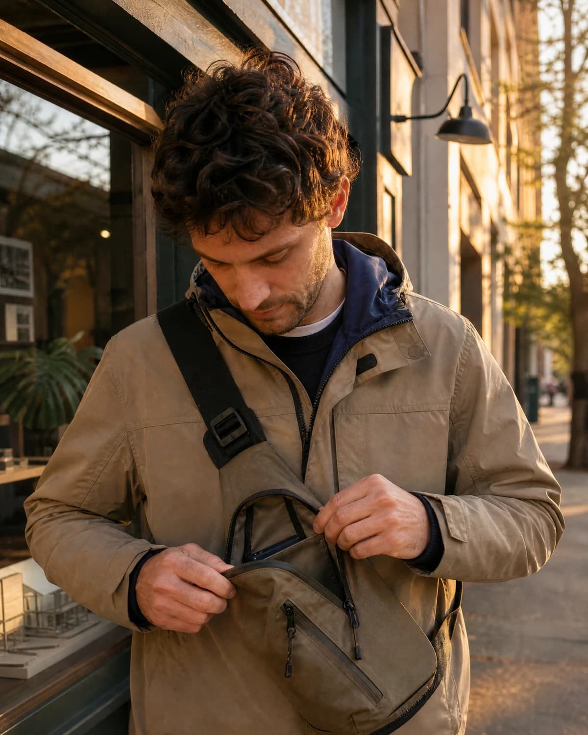 Fictional adult male creator holding an unbranded product in a natural lifestyle setting.