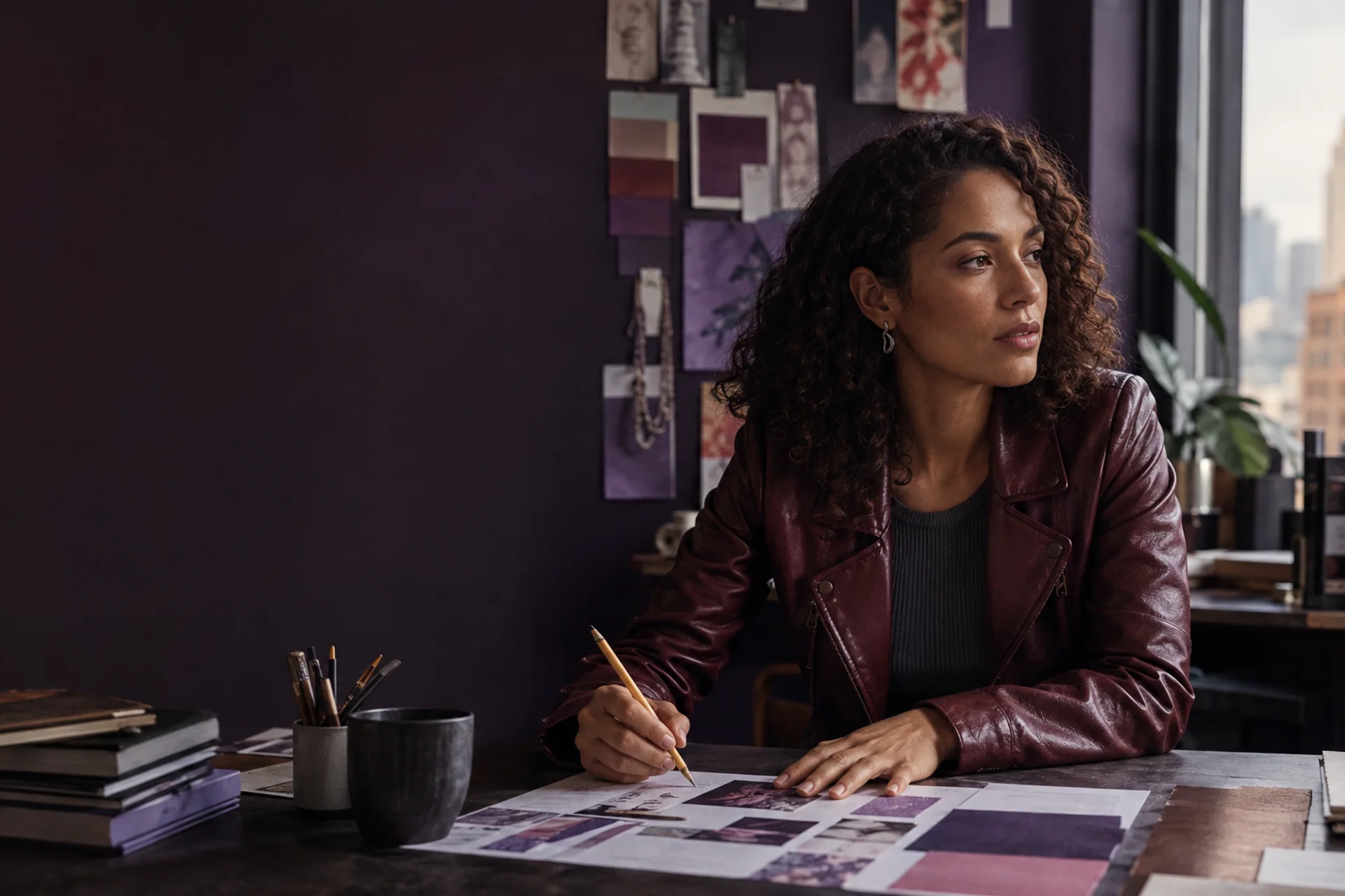 Fictional adult AI creator planning a visual identity at a studio desk