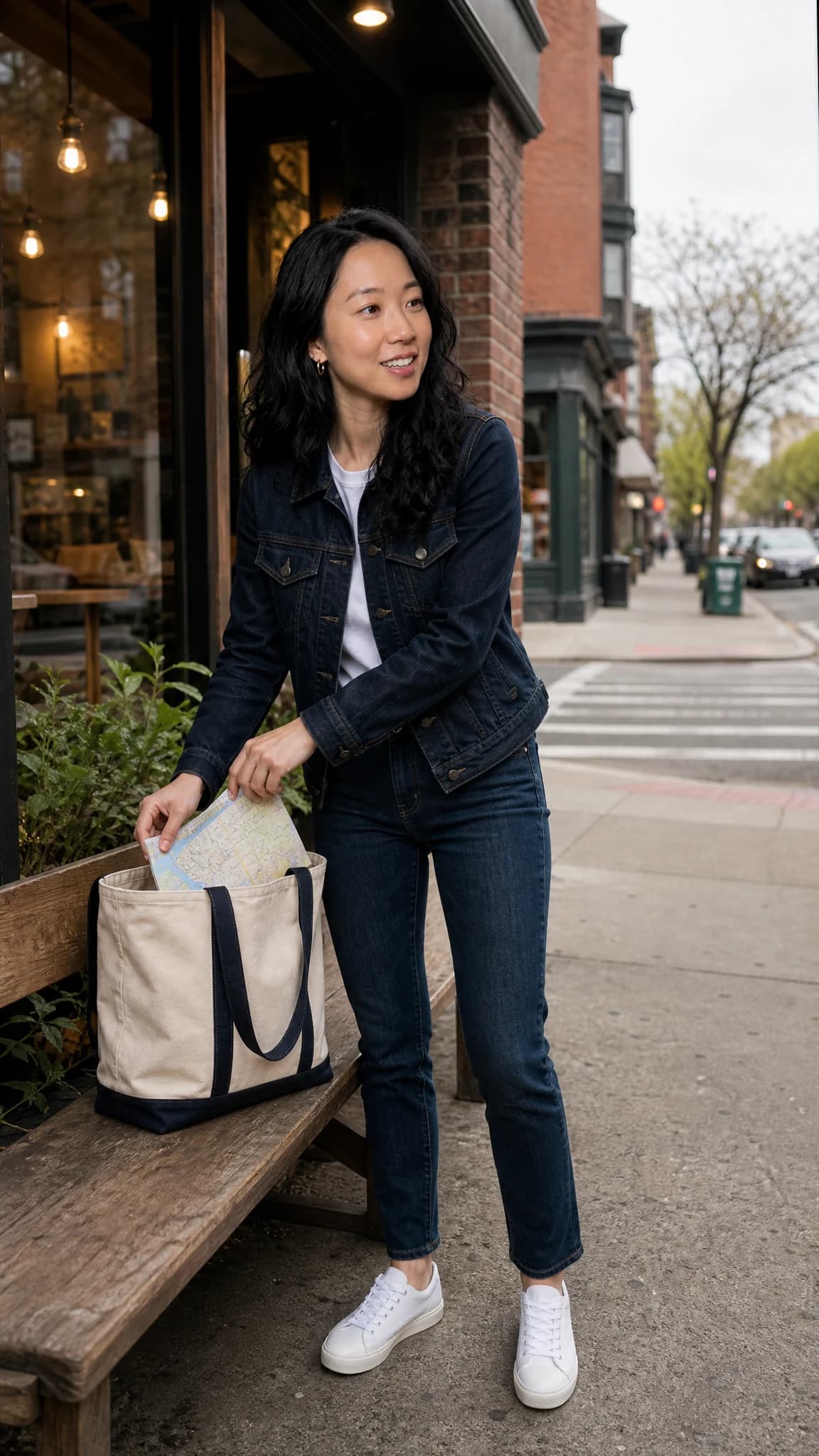 Fictional adult Maya Chen placing a folded map into a canvas tote outside a cafe
