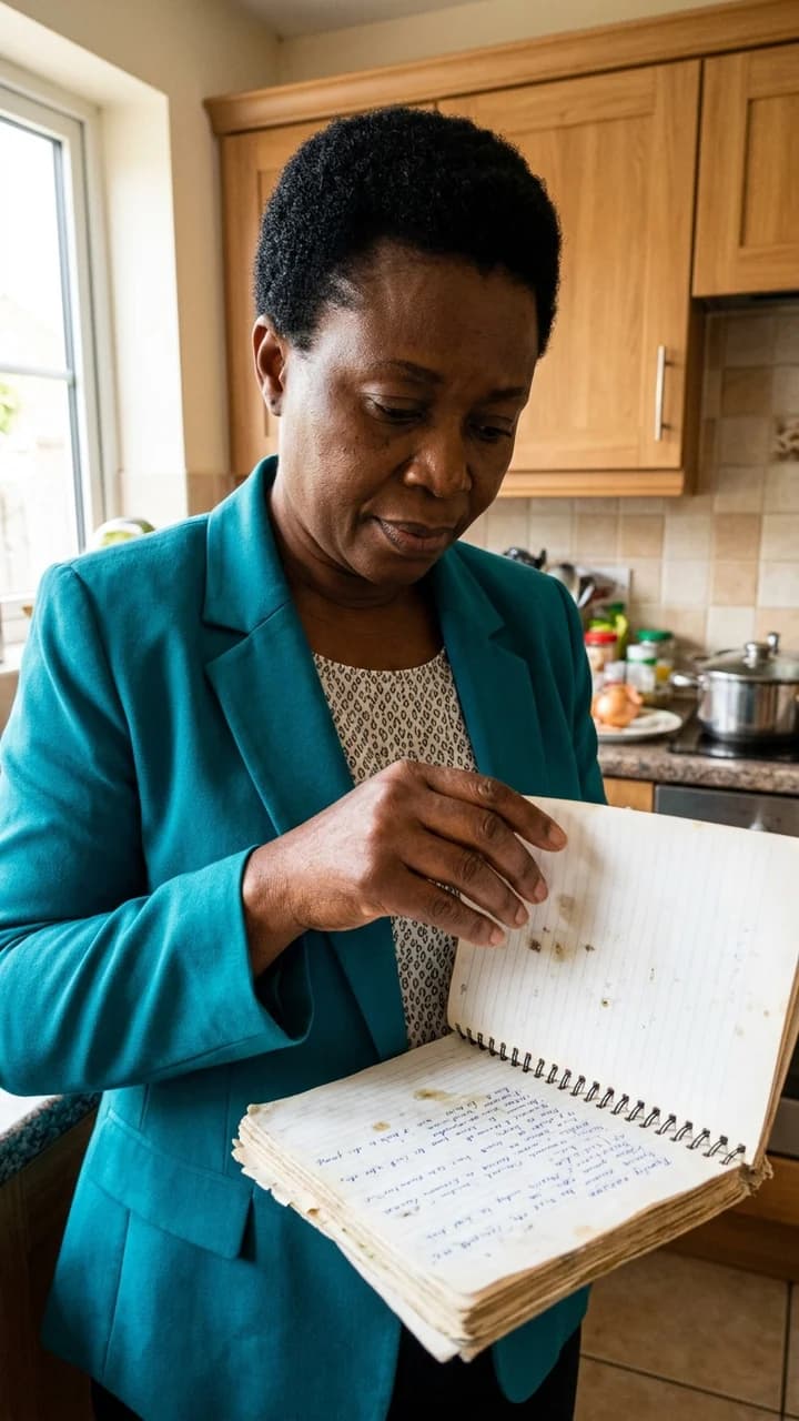 Ada Mensah, a fictional adult human storytelling creator, opening a family recipe notebook in a bright kitchen