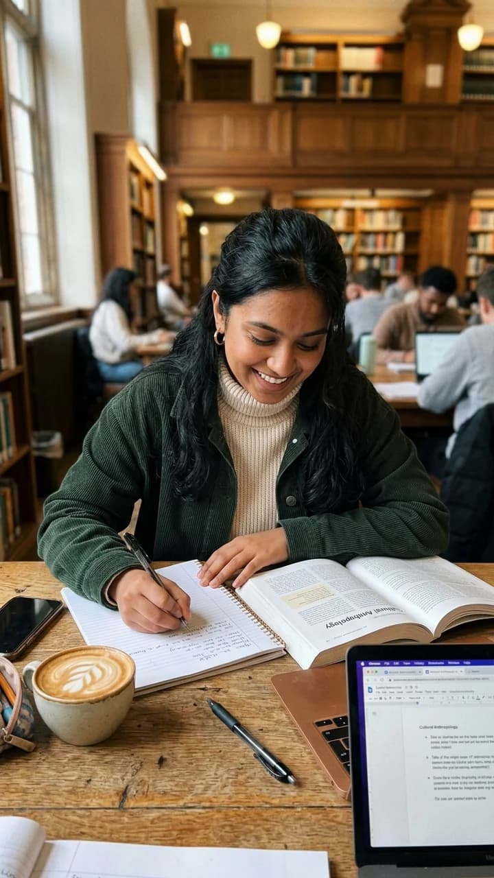 Aisha Rahman, a fictional adult human ugc creator, sharing a coffee and study setup in an adult university library