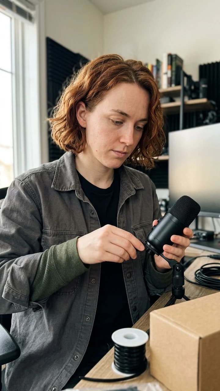 Alex Morgan, a fictional adult human gaming creator, assembling a compact streaming microphone at a creator desk