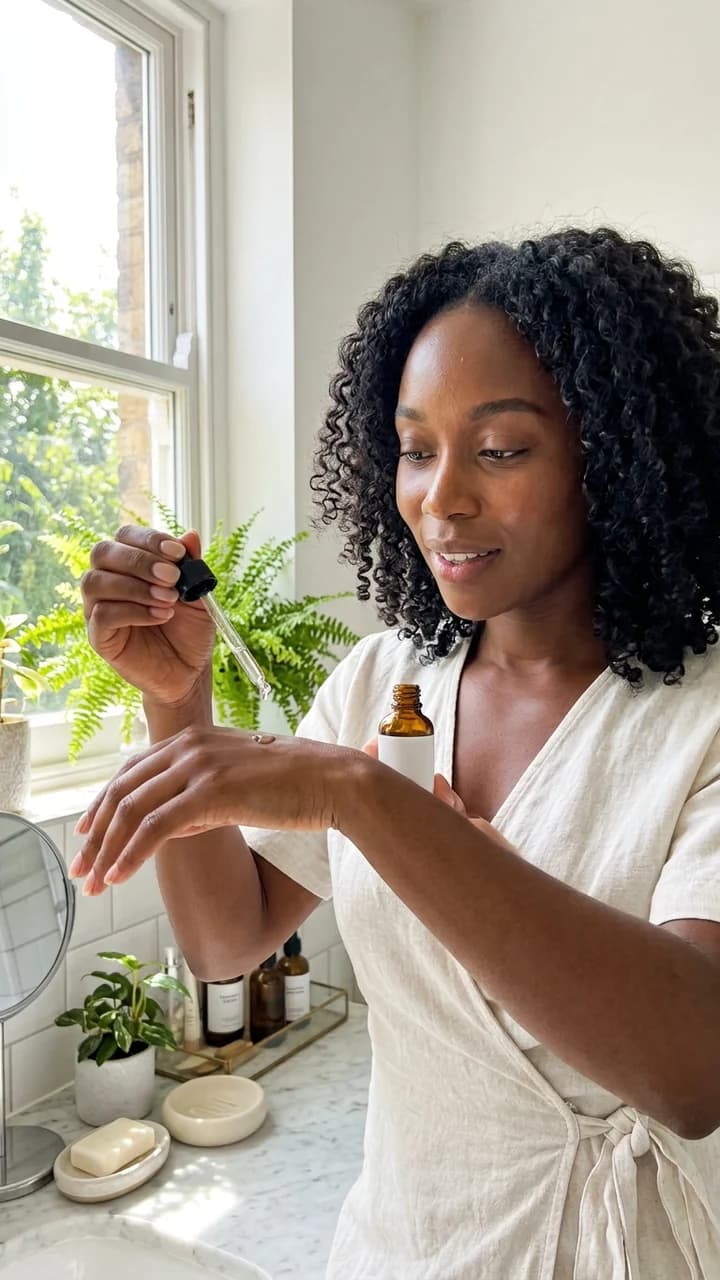 Amara Okafor, a fictional adult human beauty creator, demonstrating an unbranded serum beside a bright bathroom window