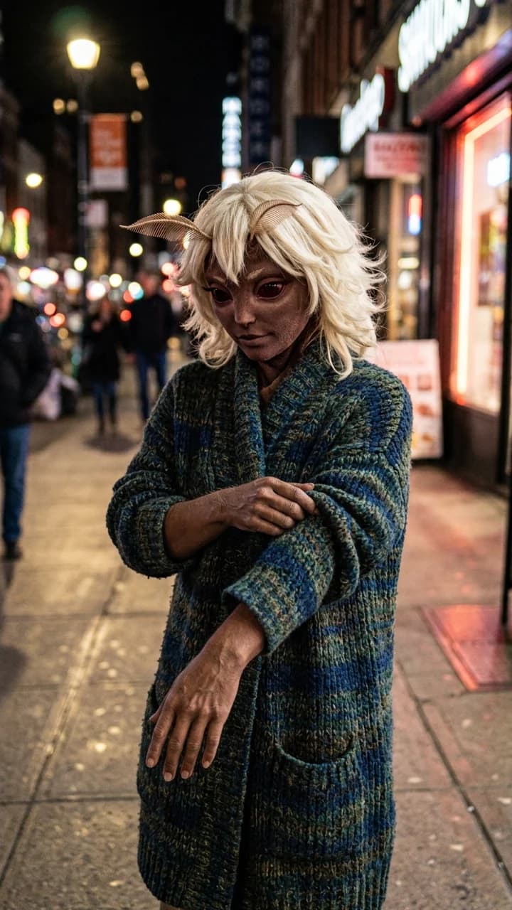 Aster Moth, a fictional adult hybrid fashion creator, moving through neon storefront light while showing a textured coat