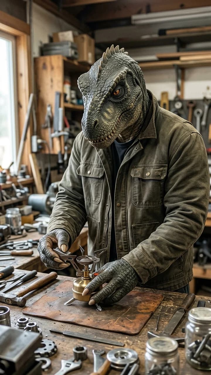 Bronn Saur, a fictional adult creature live-commerce creator, carefully presenting a compact camping stove at a workshop counter