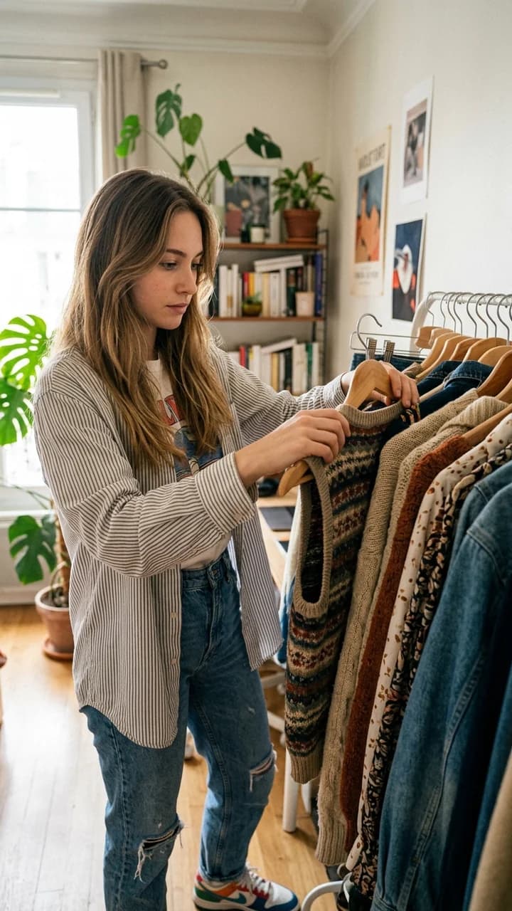 Chloe, a fictional adult fashion character with long dark-blonde hair, selecting a sweater from an apartment clothing rack