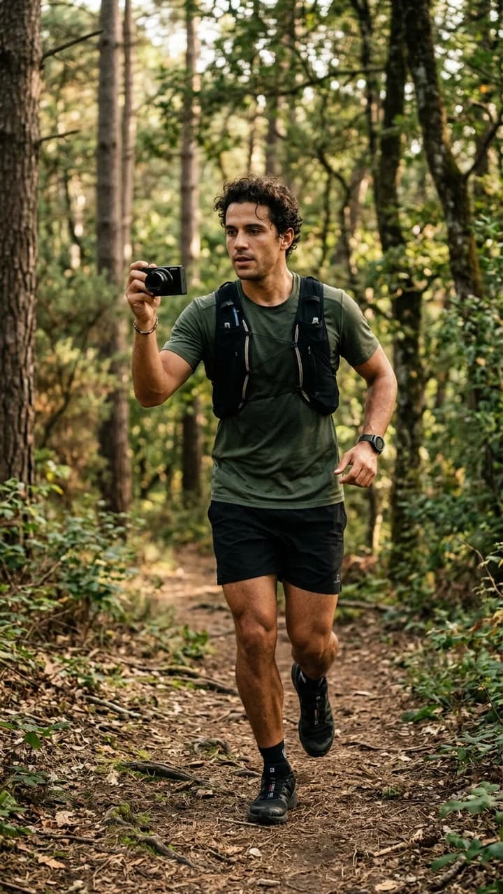 Diego Costa, a fictional adult human outdoors creator, jogging along a forest path with a handheld camera