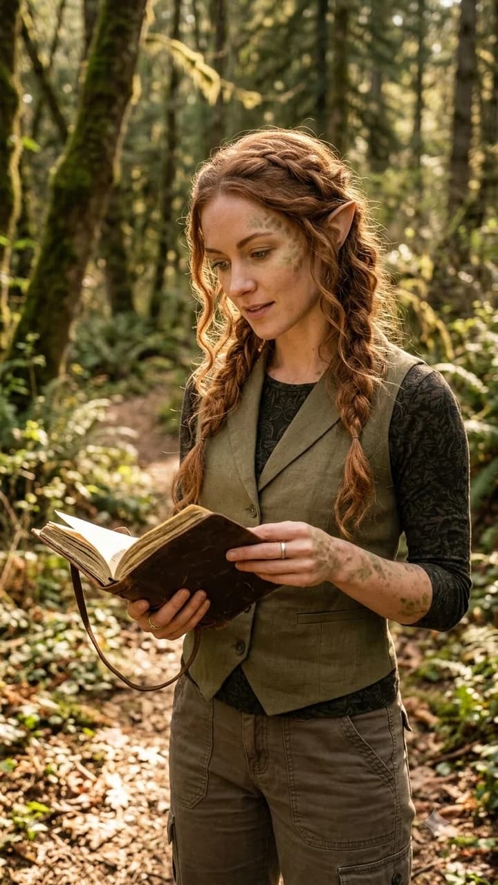 Elara Fern, a fictional adult hybrid storytelling creator, opening a weathered field journal beneath moving forest light