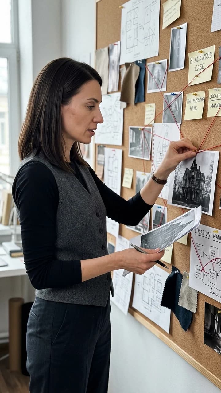 Elena Petrova, a fictional adult human storytelling creator, pinning photographs to a studio wall while narrating a mystery story
