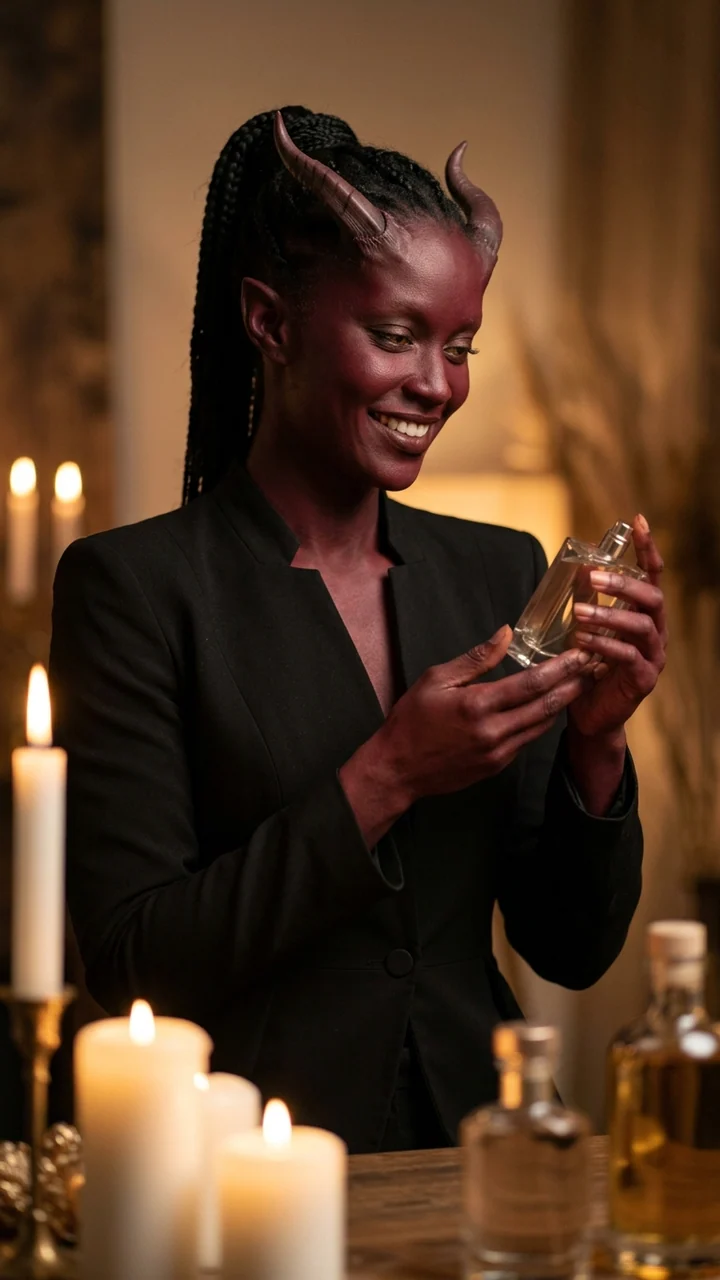 Ember Nocturne, a fictional adult hybrid live-commerce creator, presenting an unbranded fragrance bottle in a candlelit studio with a warm smile