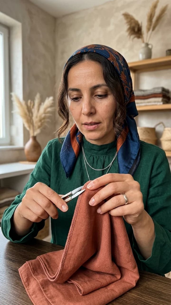 Fatima Zahra, a fictional adult human live-commerce creator, showing the stitching on an unbranded scarf during a calm live sale