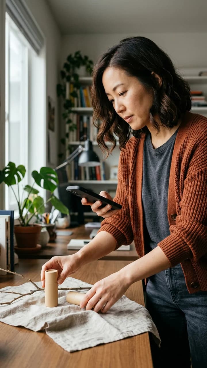 Grace Kim, a fictional adult human ugc creator, setting up a tabletop product shot in a home office