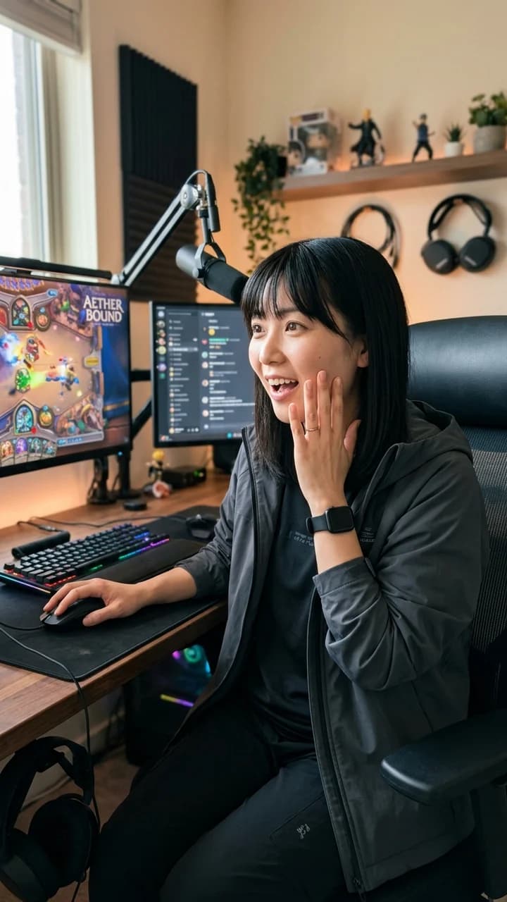 Hana Sato, a fictional adult human gaming creator, reacting to a game moment at a softly lit creator desk