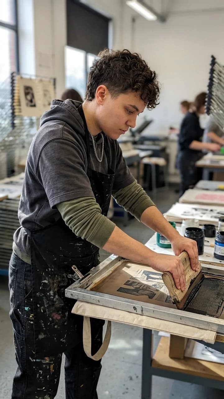 Jordan Reed, a fictional adult human ugc creator, screen-printing a tote bag in a busy shared studio