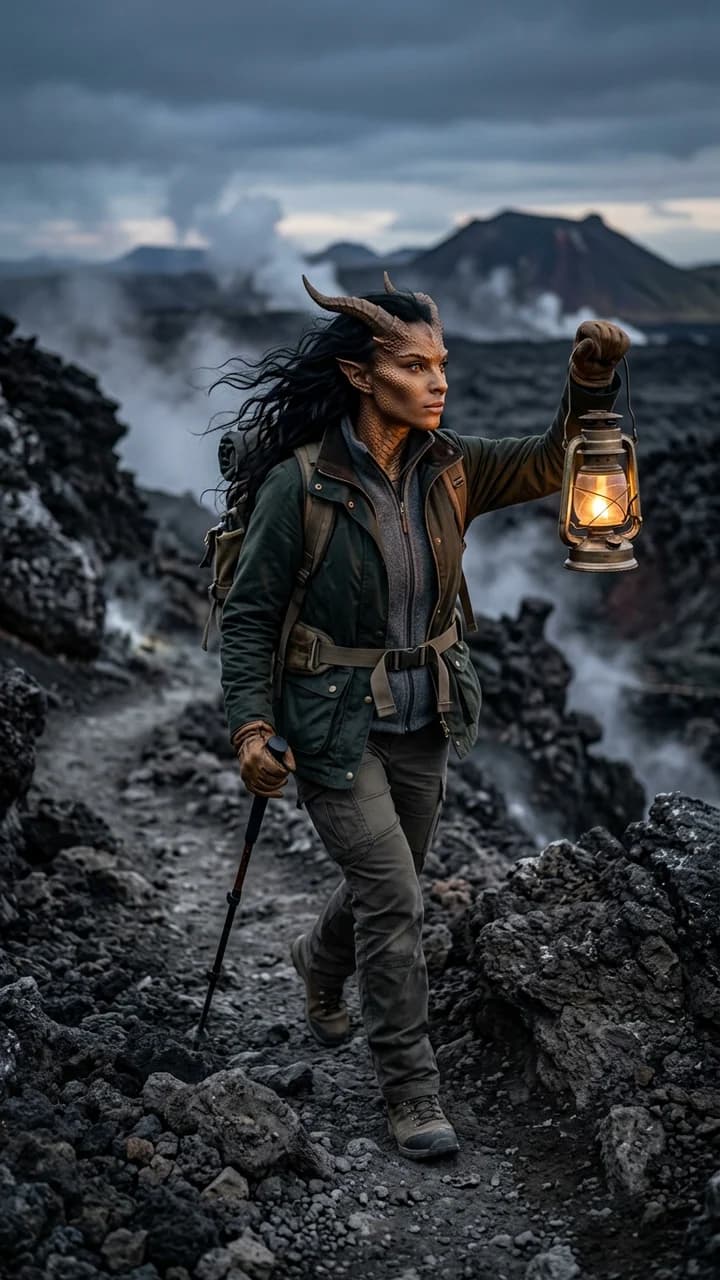 Kaida Ember, a fictional adult hybrid outdoors creator, raising a lantern while entering a windy volcanic trail