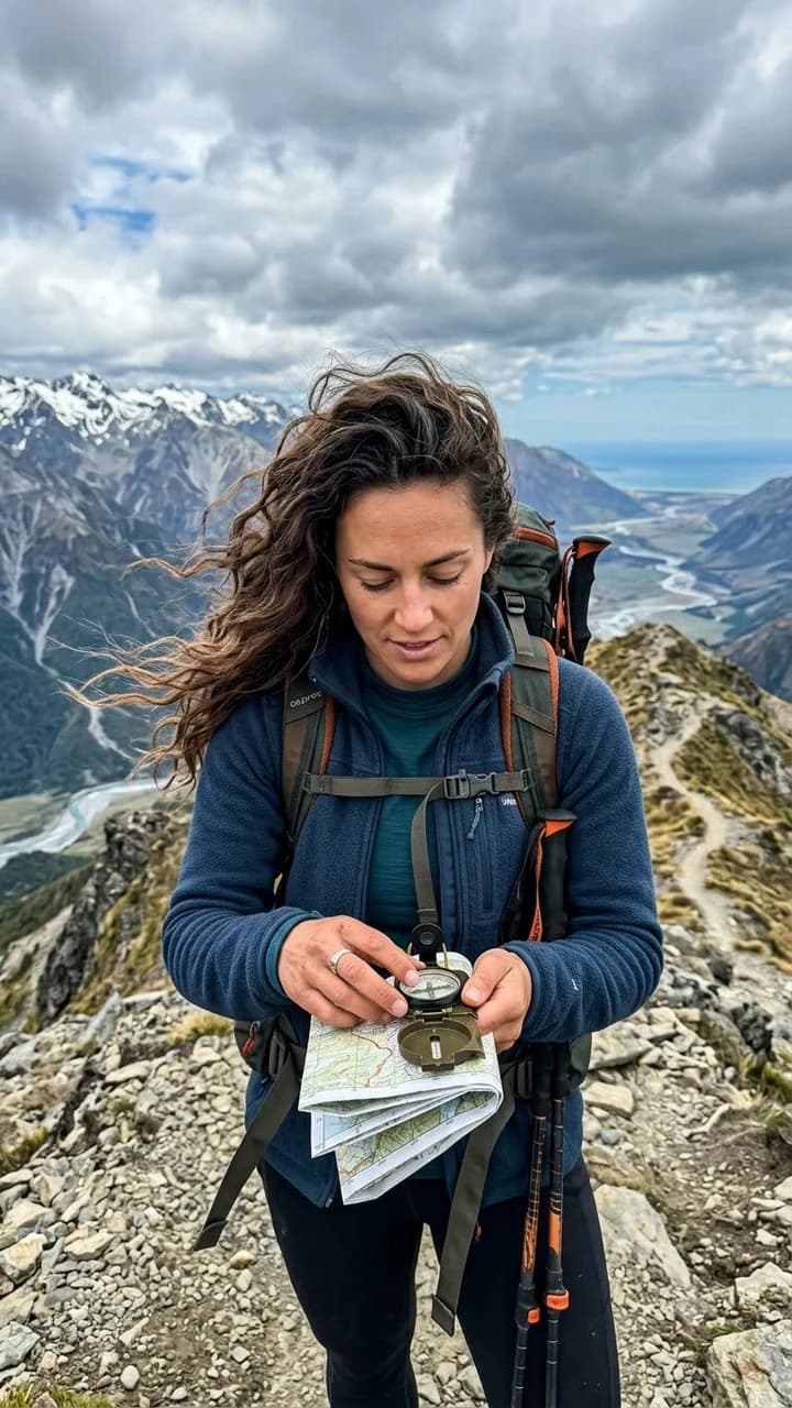 Keira Wilson, a fictional adult human outdoors creator, checking a trail compass as wind moves her hair on a ridge