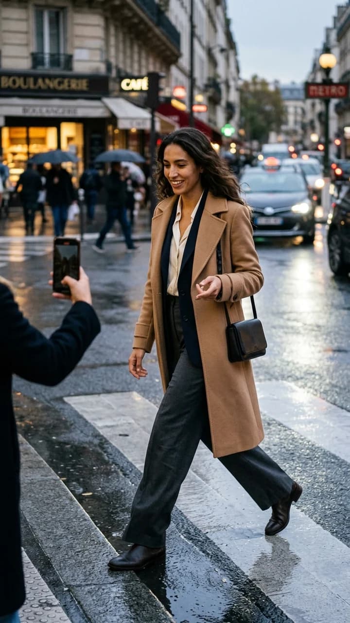 Leila Benali, a fictional adult human fashion creator, crossing a rain-slick street while a friend films her outfit
