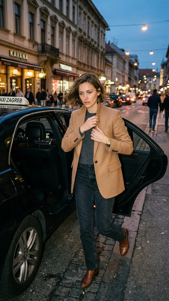 Lena Kovac, a fictional adult human fashion creator, adjusting a blazer while stepping out of a city taxi at dusk