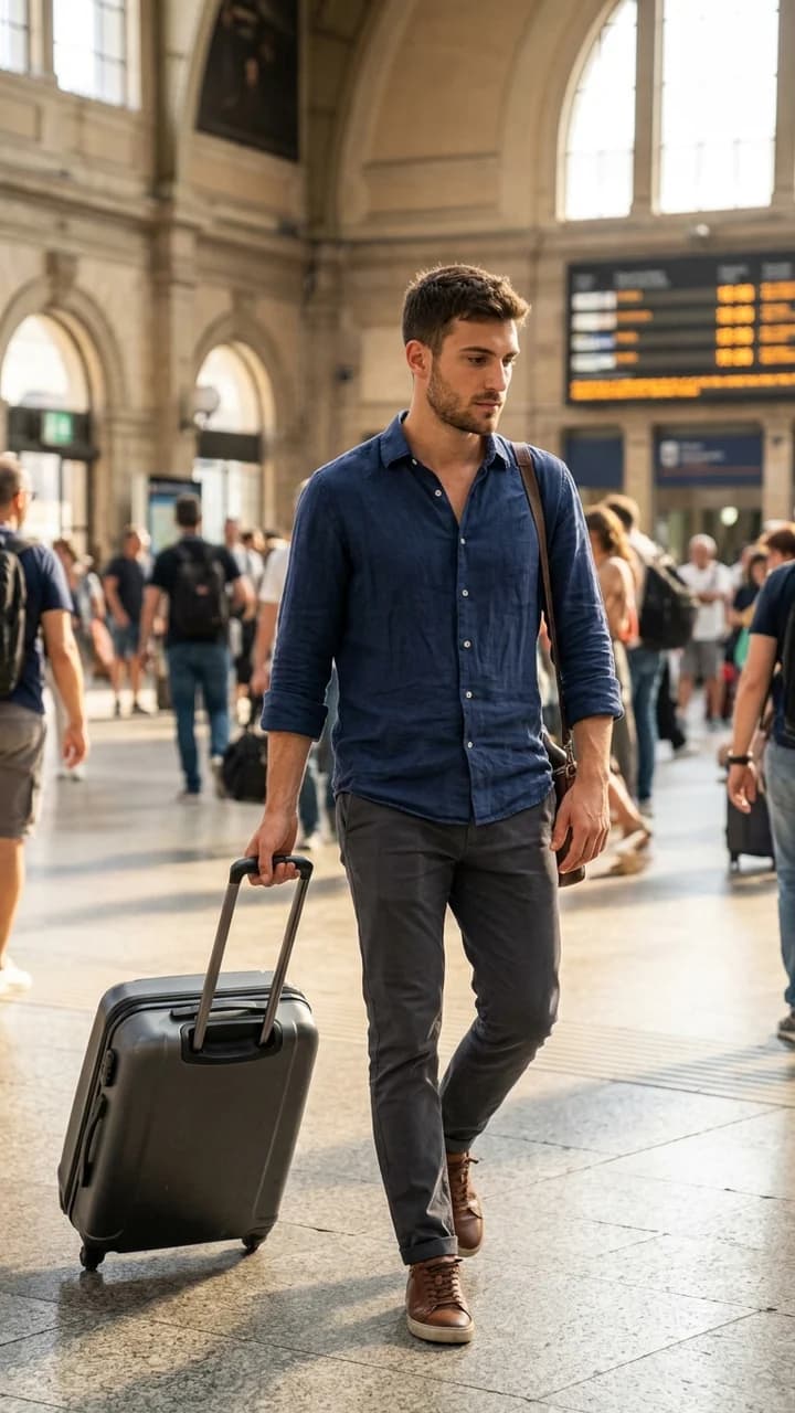 Luca Moretti, a fictional adult human travel creator, rolling a suitcase through a sunlit train station concourse