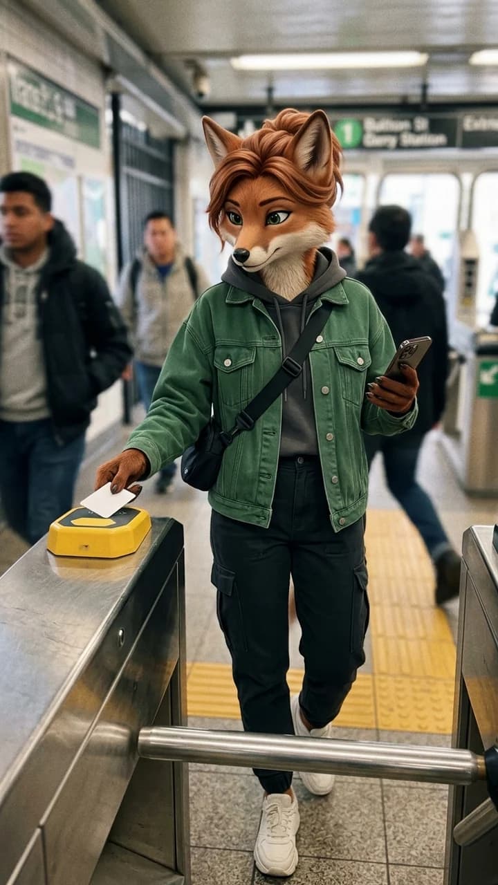 Lyra Fox, a fictional adult hybrid travel creator, tapping a transit card and spinning toward a handheld camera