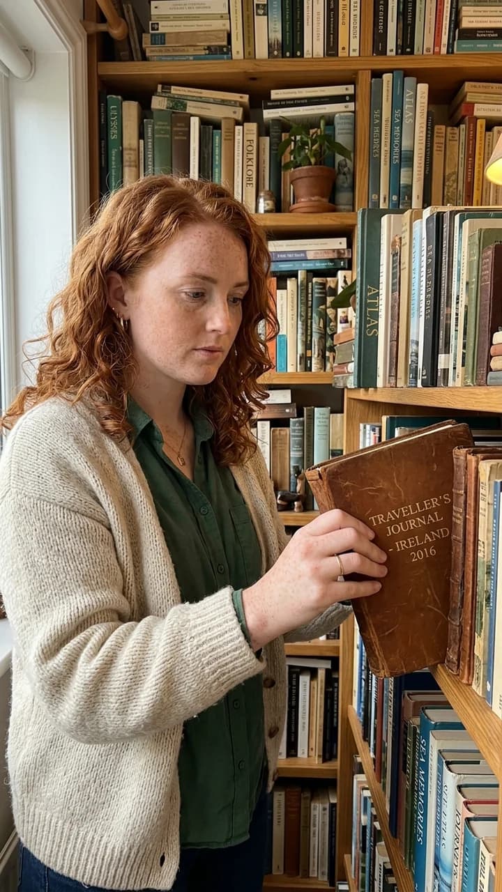 Maeve O'Connell, a fictional adult human storytelling creator, pulling an old travel journal from a crowded bookshelf