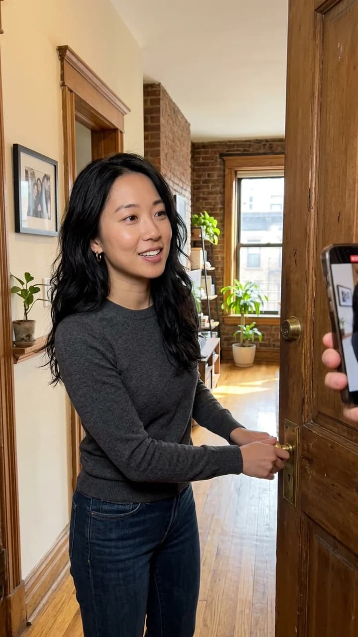 Maya Chen, a fictional adult human travel creator, opening the door during a handheld New York apartment room tour