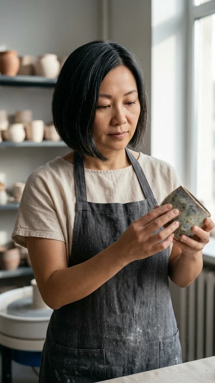 Mei Lin, a fictional adult human live-commerce creator, turning a handmade ceramic cup to show its glaze during a studio livestream