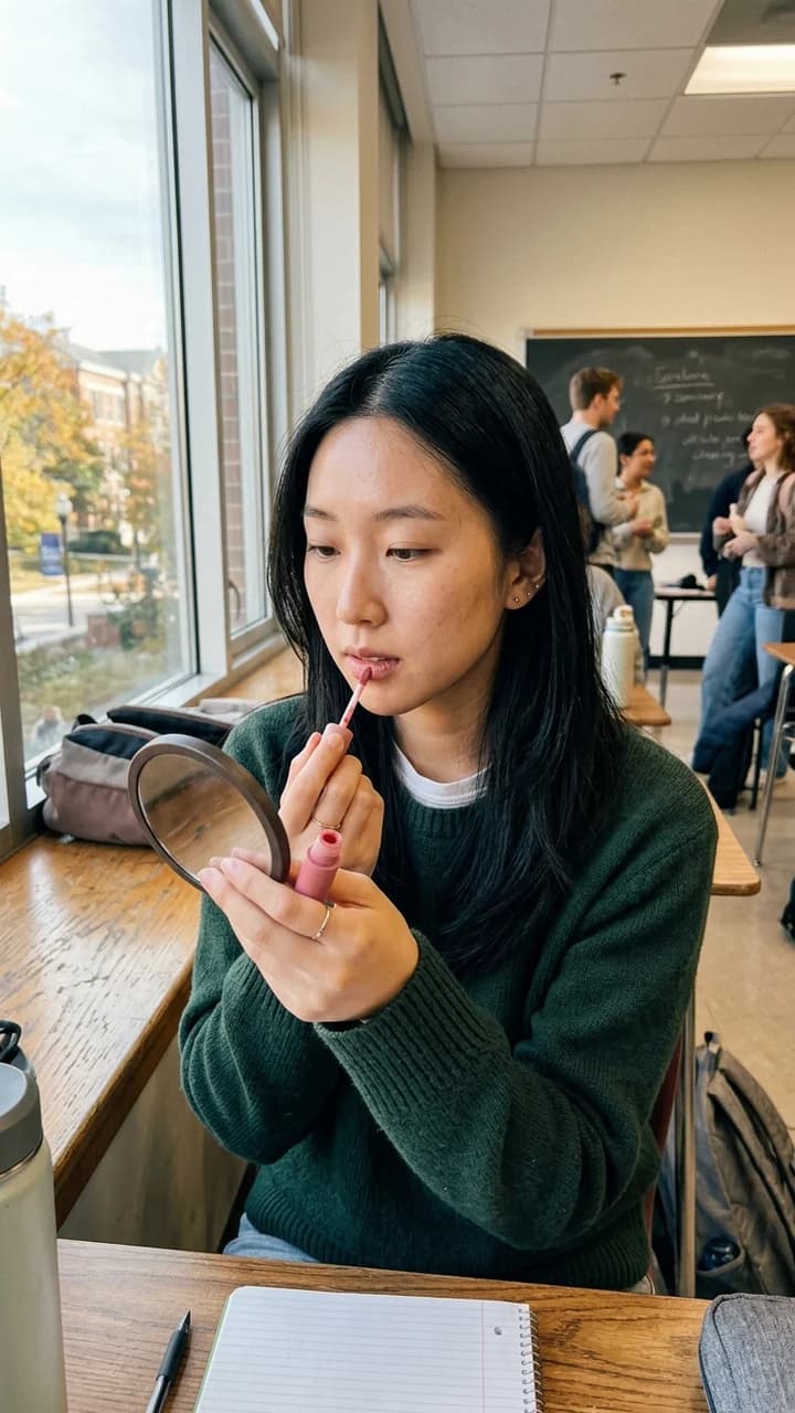 Mina Park, a fictional adult human beauty creator, applying an unbranded lip tint beside a classroom window after an adult college seminar