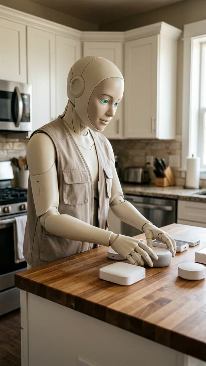 Moxie Unit, a fictional adult creature ugc creator, organizing smart-home objects on a kitchen island with precise gestures
