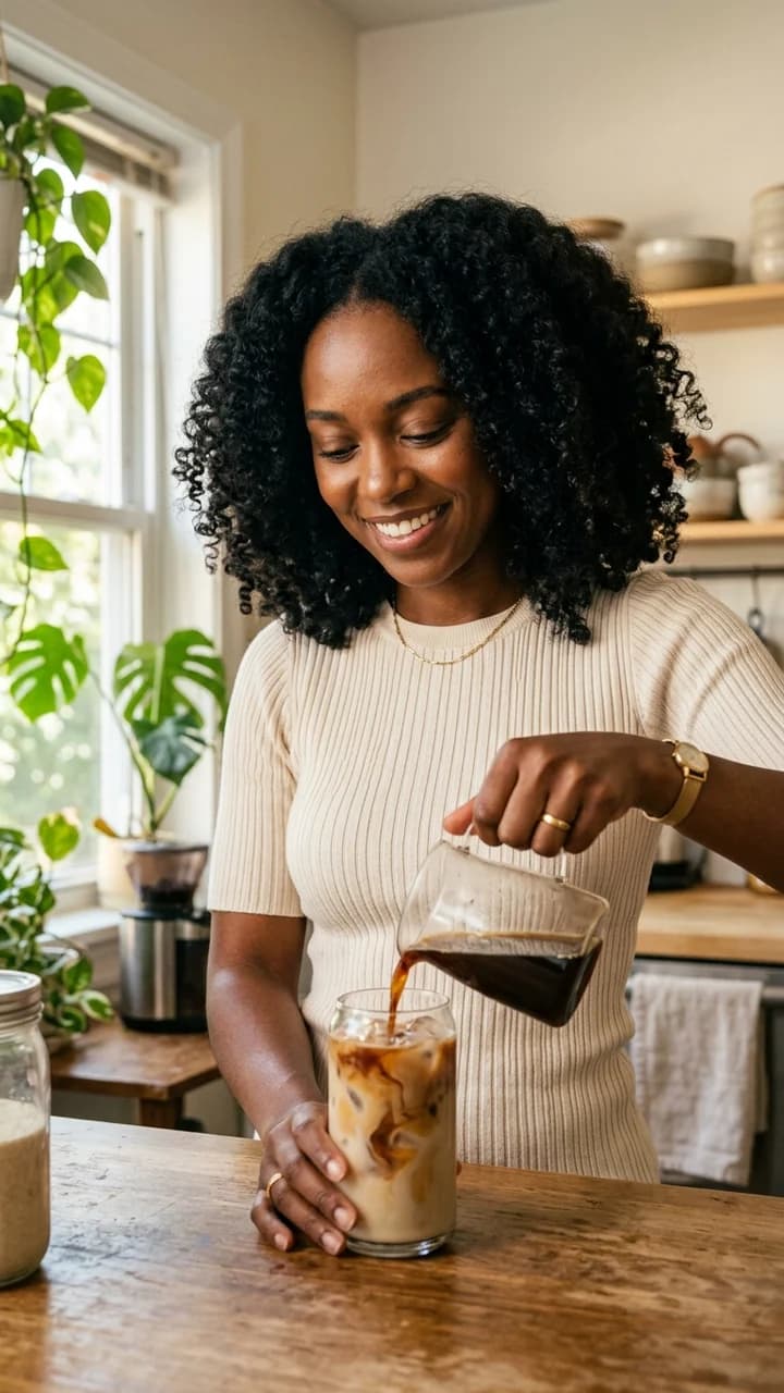 Nia Cole, a fictional adult human ugc creator, pouring iced coffee while filming a candid morning routine