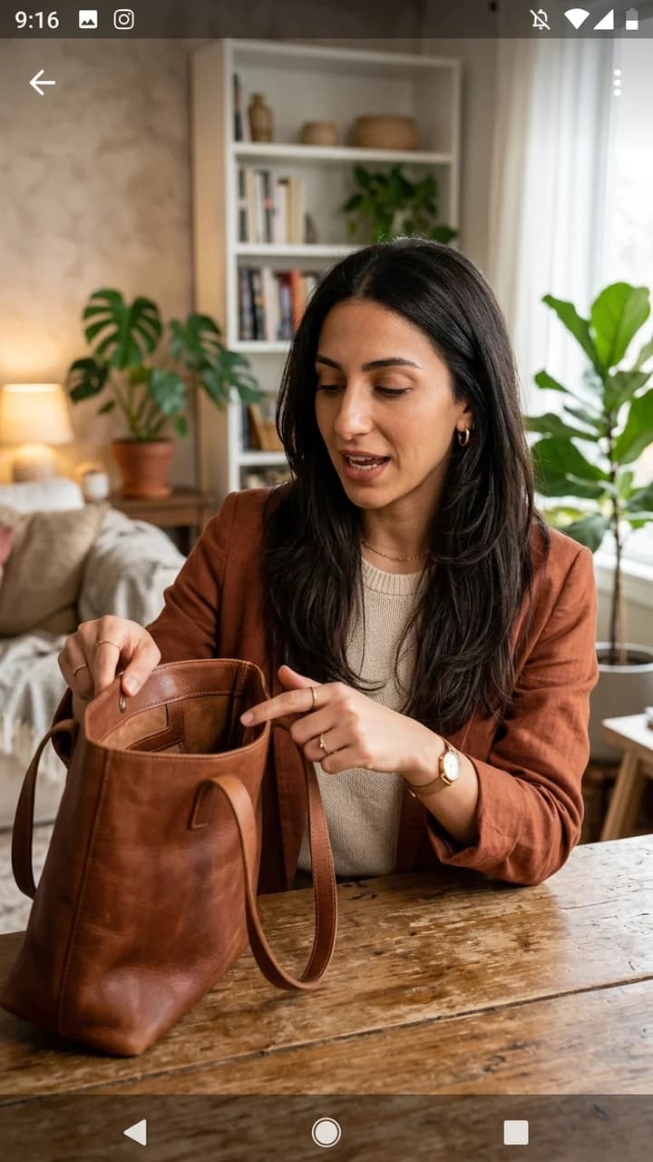 Noor Haddad, a fictional adult human live-commerce creator, presenting an unbranded leather bag during a warm home livestream